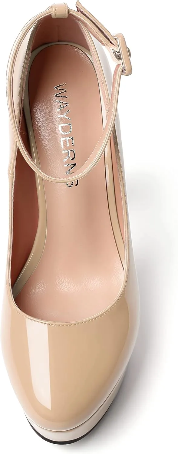 WAYDERNS Womens Platform Fashion Ankle Strap Patent Round Toe Buckle Party Block High Heel Pumps Shoes 5 Inch