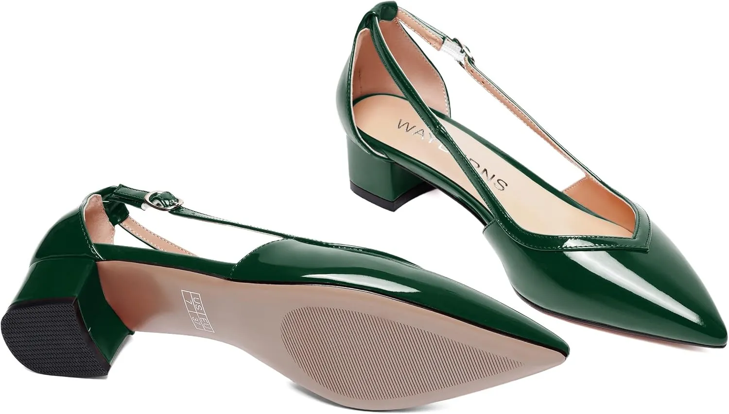 WAYDERNS Womens Pointed Toe Buckle Patent Adjustable Strap Sexy Party Chunky Low Heel Pumps Shoes 1.5 Inch