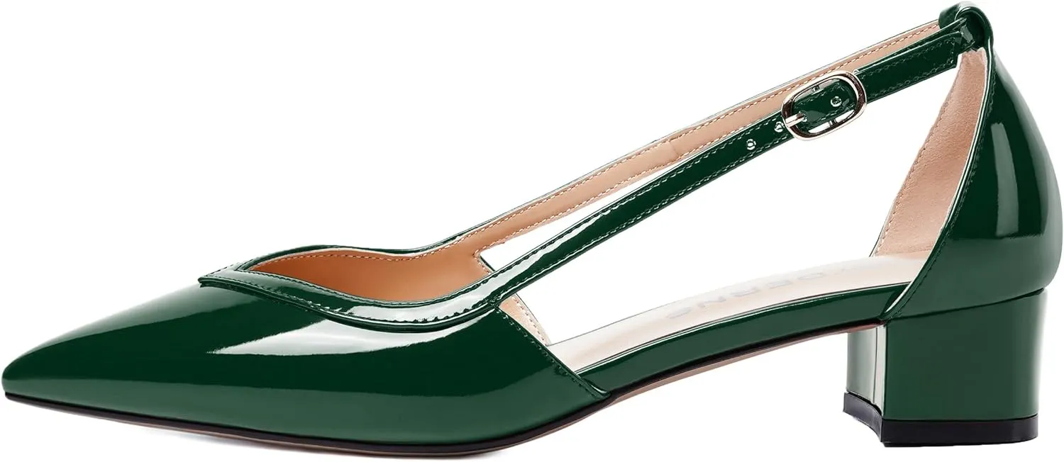 WAYDERNS Womens Pointed Toe Buckle Patent Adjustable Strap Sexy Party Chunky Low Heel Pumps Shoes 1.5 Inch