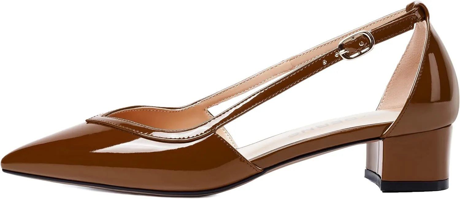 WAYDERNS Womens Pointed Toe Buckle Patent Adjustable Strap Sexy Party Chunky Low Heel Pumps Shoes 1.5 Inch
