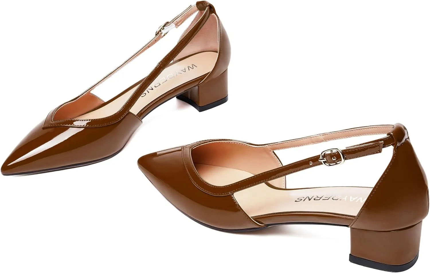 WAYDERNS Womens Pointed Toe Buckle Patent Adjustable Strap Sexy Party Chunky Low Heel Pumps Shoes 1.5 Inch
