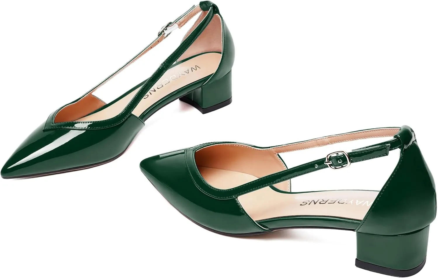 WAYDERNS Womens Pointed Toe Buckle Patent Adjustable Strap Sexy Party Chunky Low Heel Pumps Shoes 1.5 Inch