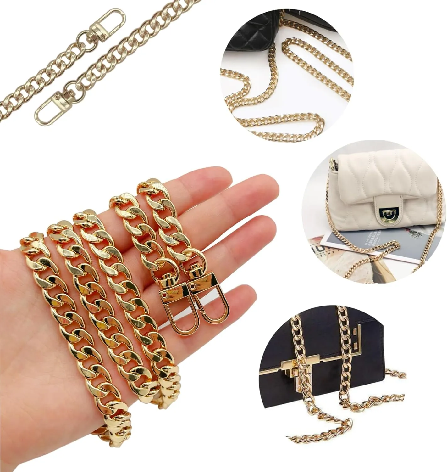 WEICHUAN 47"/120cm DIY Iron Flat Chain Strap Purse Chain Accessories Purse Straps Shoulder Cross Body Replacement Straps, with Metal Buckles (Gold)