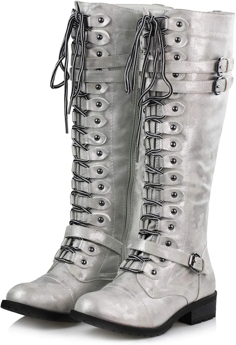 WEST COAST Women's Knee High Riding Boots Lace Up Buckles Winter Combat Boots