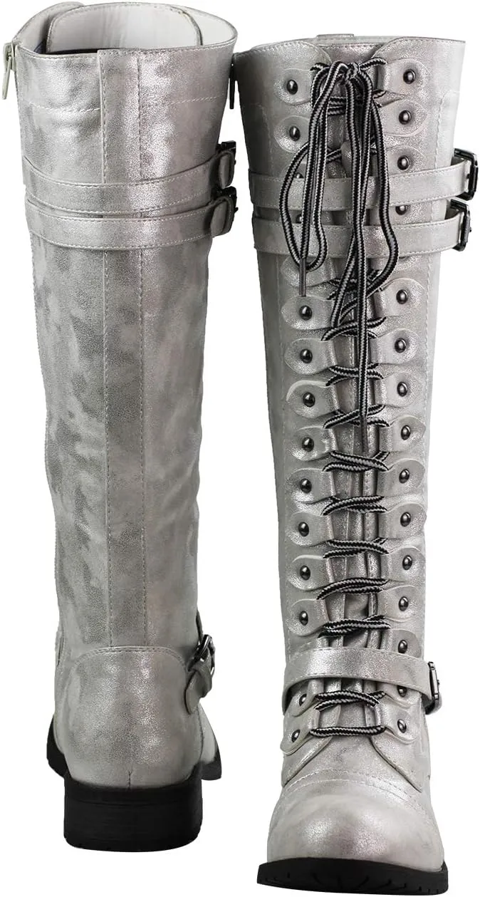 WEST COAST Women's Knee High Riding Boots Lace Up Buckles Winter Combat Boots