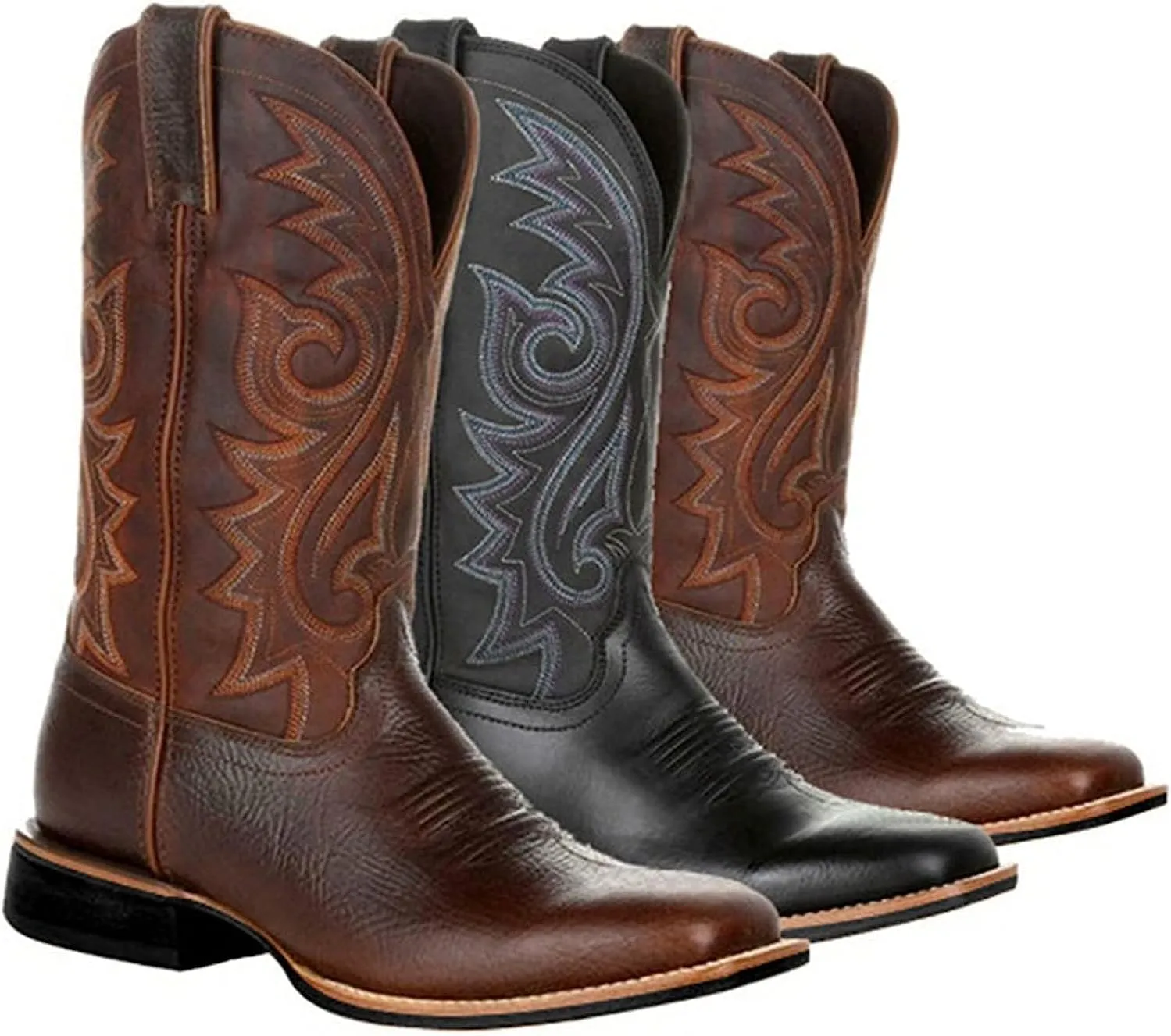 Western Cowboy Boots for Men,Leather Retro Embroidered Middle Tube Thick Soled Lightweight Durable Country Western Boots for Men