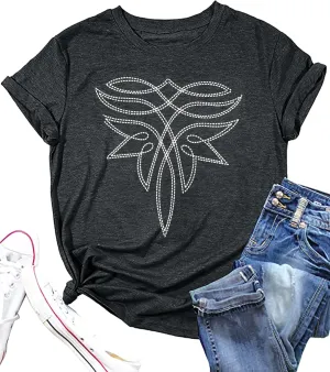 Western Shirts Women Boot Stitch Graphic Tee Rodeo Vintage Tshirt Boho Cowgirl Country Music Short Sleeve Top