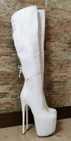 White Matte Over Knee Heel Boots