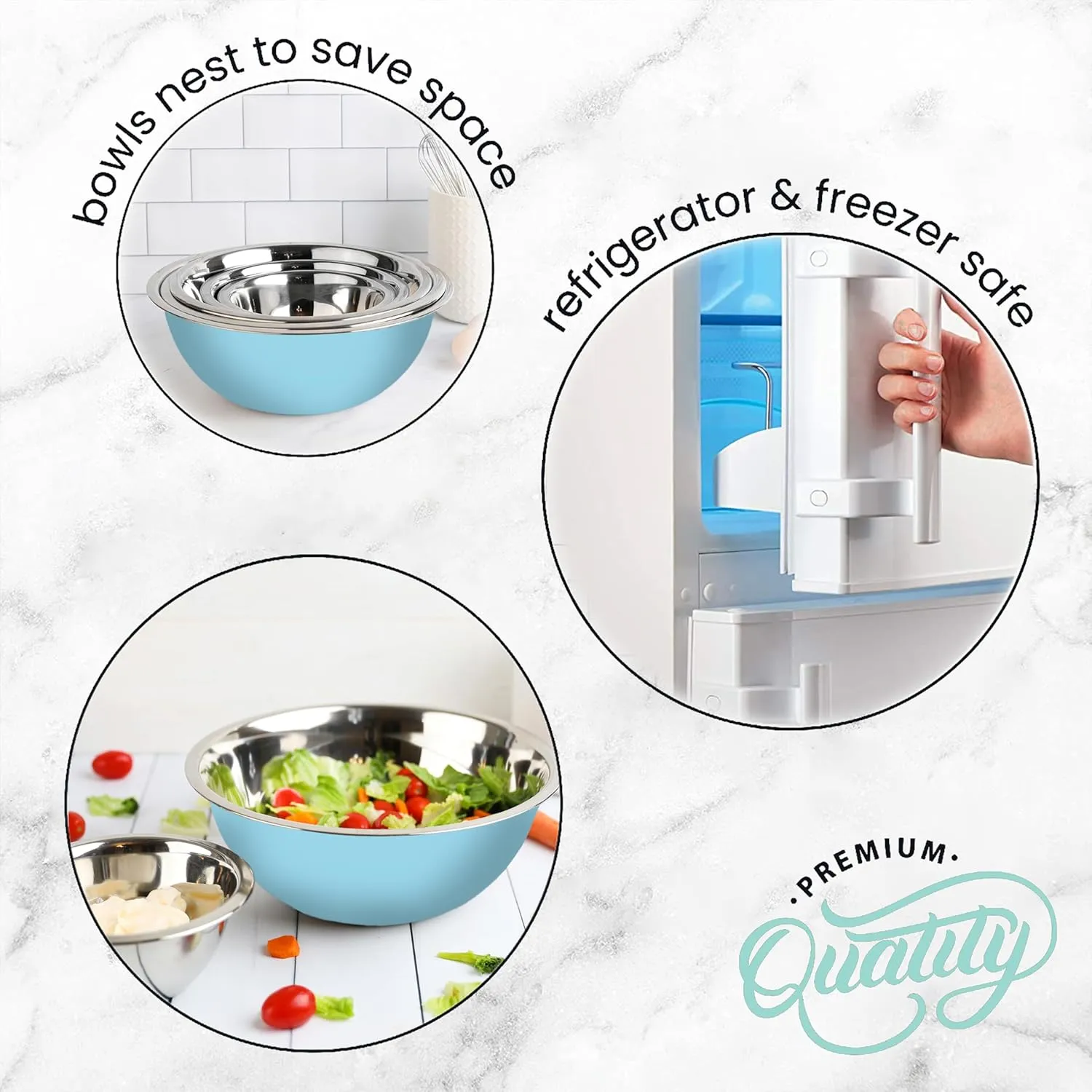 WHYSKO Meal Prep Stainless Steel Mixing Bowls Set, Home, Refrigerator, and Kitchen Food Storage Organizers | Ecofriendly, Reusable, Heavy Duty (Light Blue)