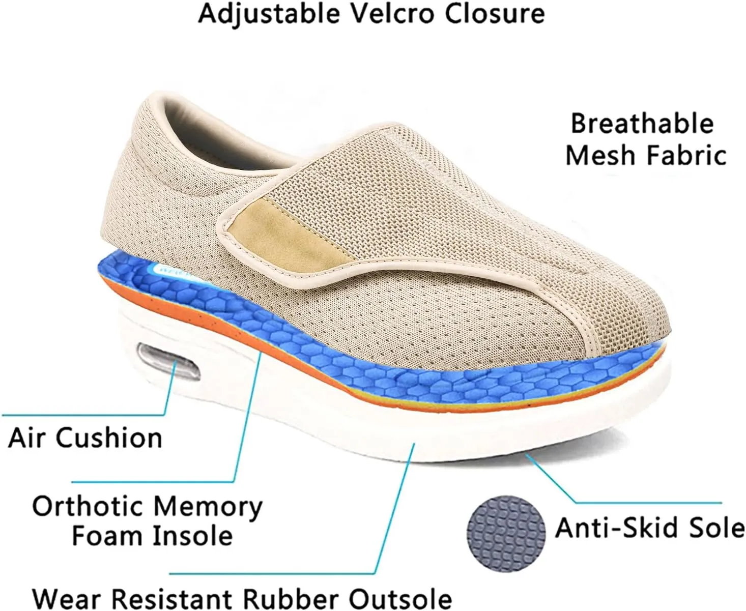 Wide Width Orthopedic Diabetic Shoes with Memory Foam Adjustable Walking Shoes for Elderly Arthritis Edema Swollen Feet Thumb Valgus Lightweight Breathable,A06,46EU