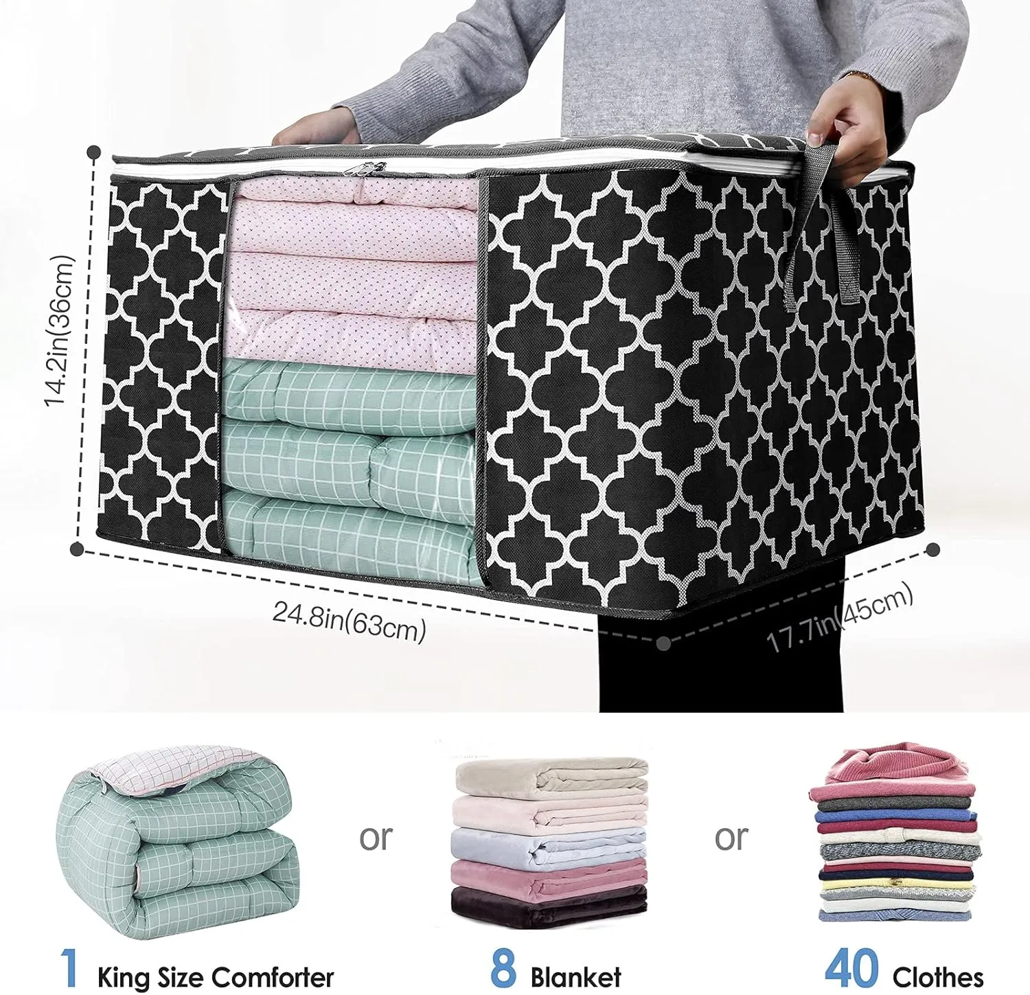 WISELIFE Storage Bags 100L 3-Pack Large Blanket Clothes Organization and Storage Containers for Bedding, Comforters, Foldable Organizer with Reinforced Handle, Clear Window, Sturdy Zippers, Black