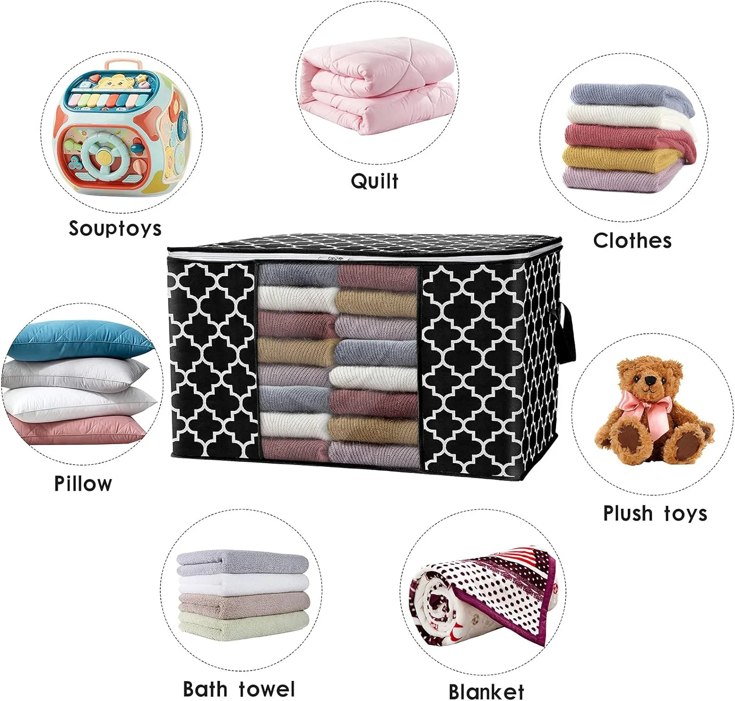 WISELIFE Storage Bags 100L 3-Pack Large Blanket Clothes Organization and Storage Containers for Bedding, Comforters, Foldable Organizer with Reinforced Handle, Clear Window, Sturdy Zippers, Black