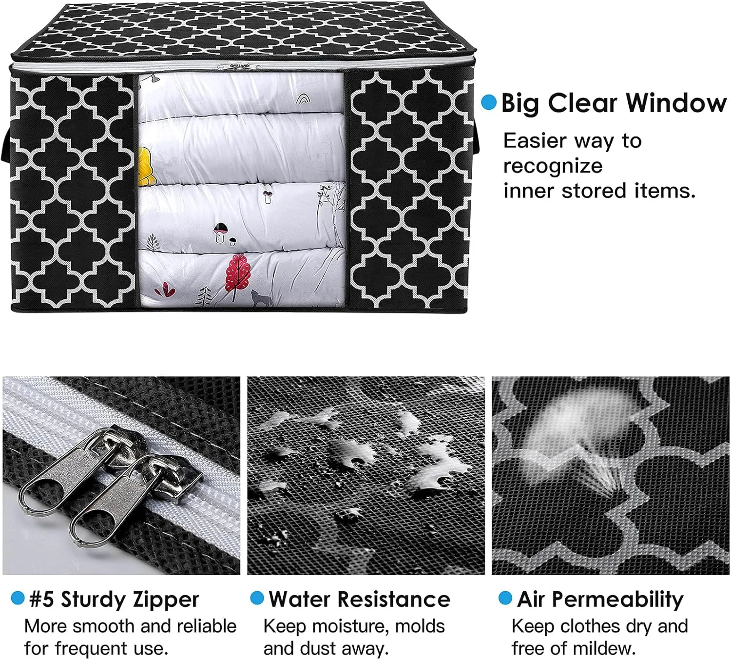 WISELIFE Storage Bags 100L 3-Pack Large Blanket Clothes Organization and Storage Containers for Bedding, Comforters, Foldable Organizer with Reinforced Handle, Clear Window, Sturdy Zippers, Black