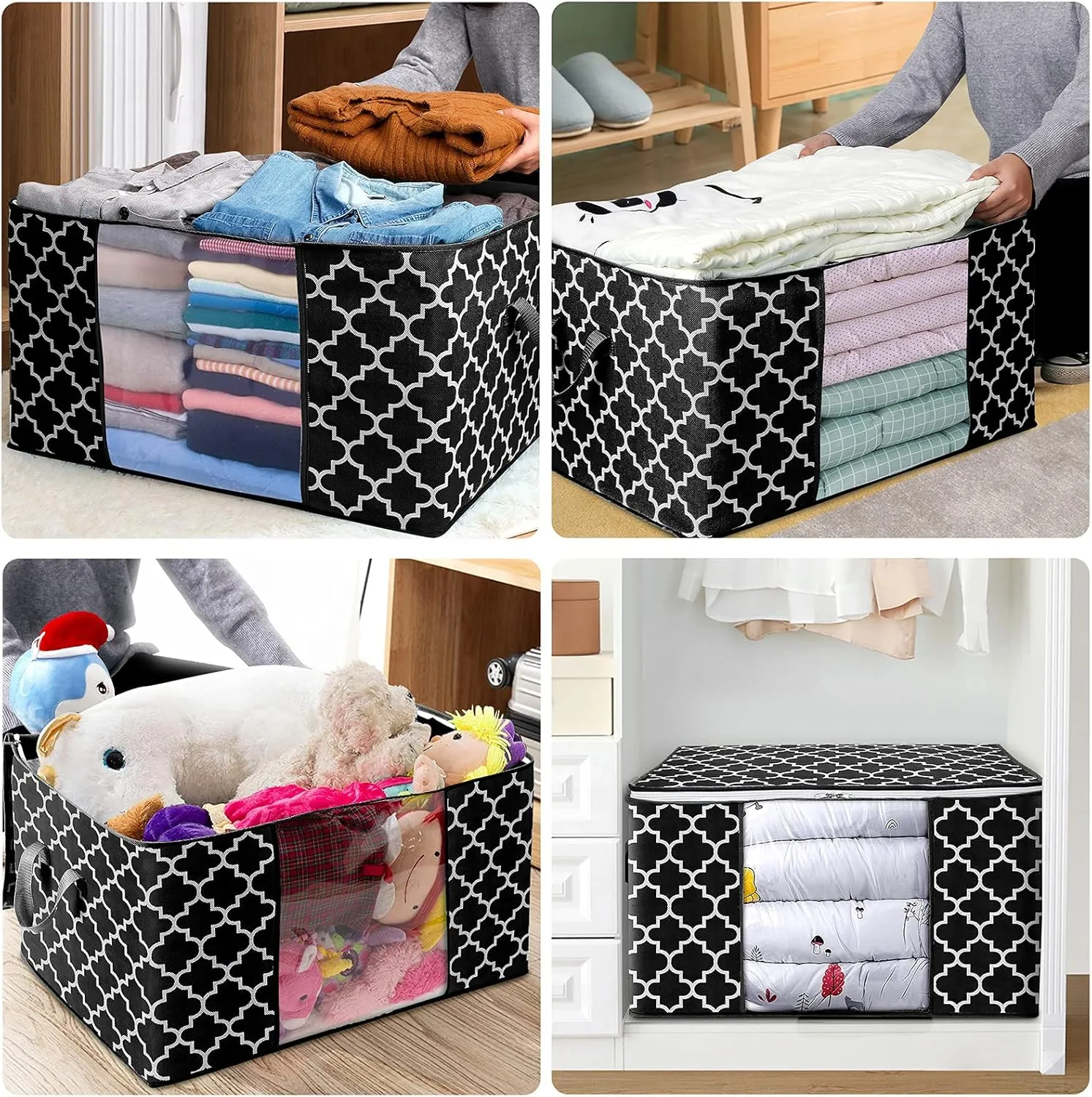 WISELIFE Storage Bags 100L 3-Pack Large Blanket Clothes Organization and Storage Containers for Bedding, Comforters, Foldable Organizer with Reinforced Handle, Clear Window, Sturdy Zippers, Black