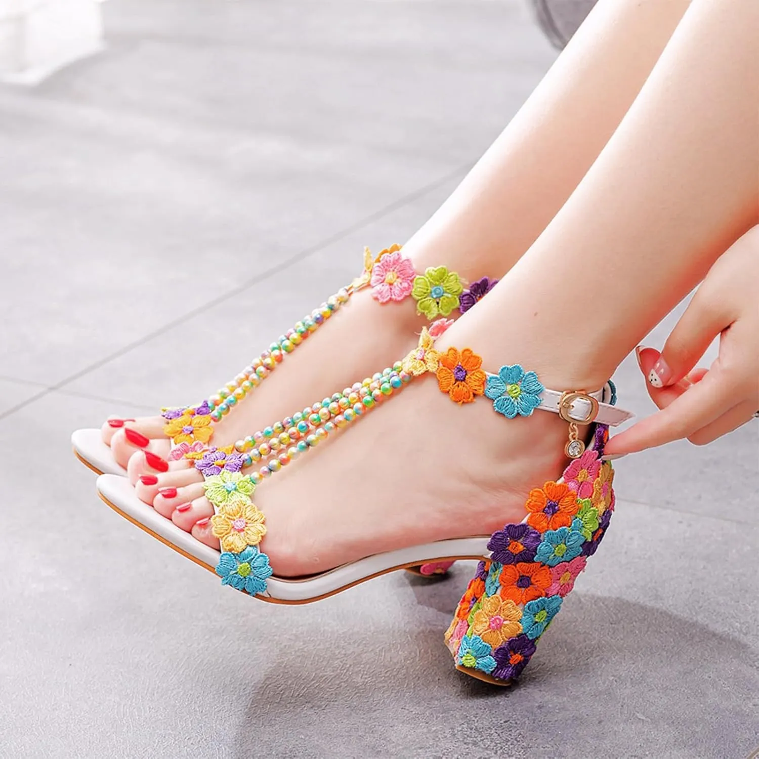 Woman Embroidered Flower Chunky High Heel Fish Mouth Sandals with Adjust Ankle Strap Color Beads Fashion Elegant Block Heel Open Toe Bride Pumps for Wedding Party Dress