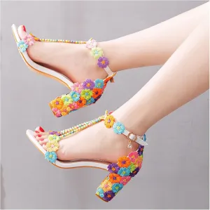 Woman Embroidered Flower Chunky High Heel Fish Mouth Sandals with Adjust Ankle Strap Color Beads Fashion Elegant Block Heel Open Toe Bride Pumps for Wedding Party Dress