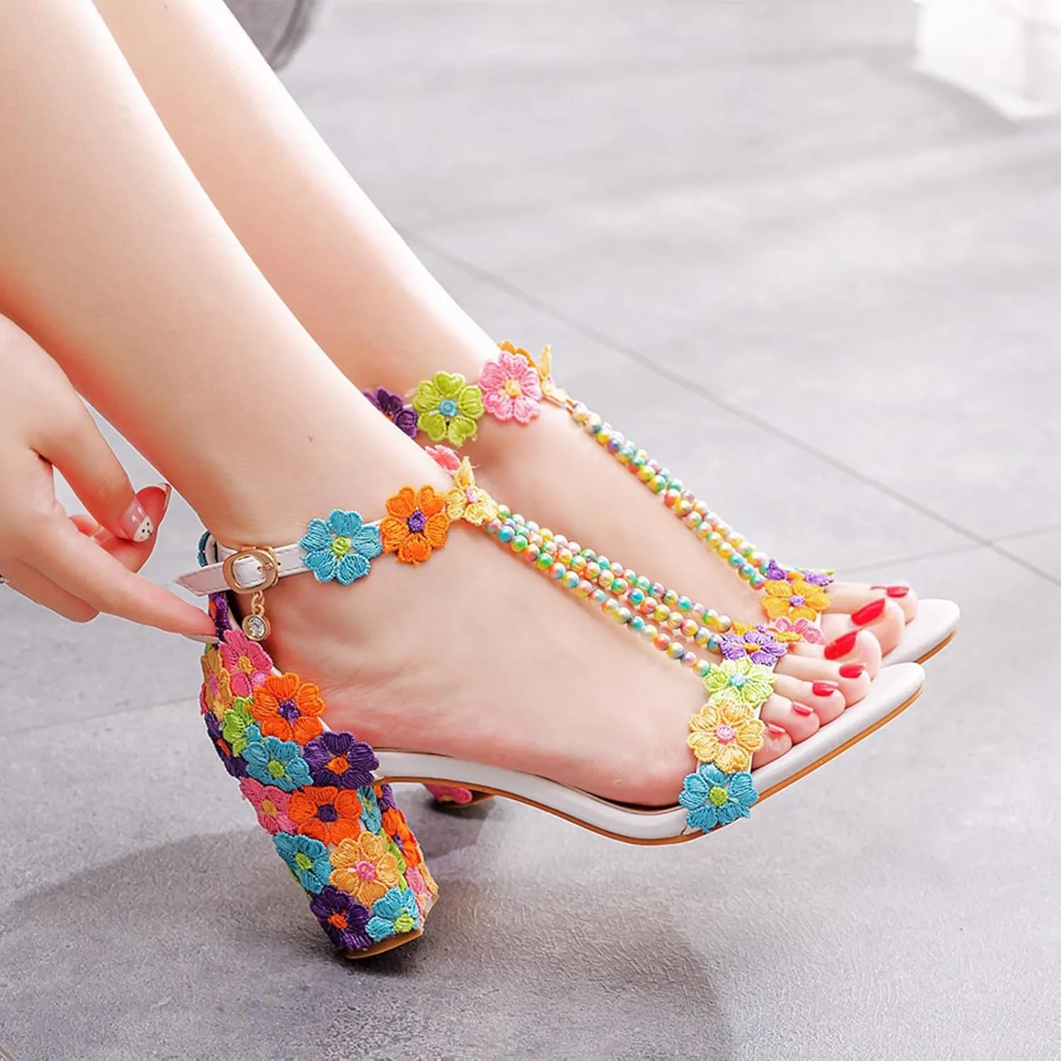 Woman Embroidered Flower Chunky High Heel Fish Mouth Sandals with Adjust Ankle Strap Color Beads Fashion Elegant Block Heel Open Toe Bride Pumps for Wedding Party Dress