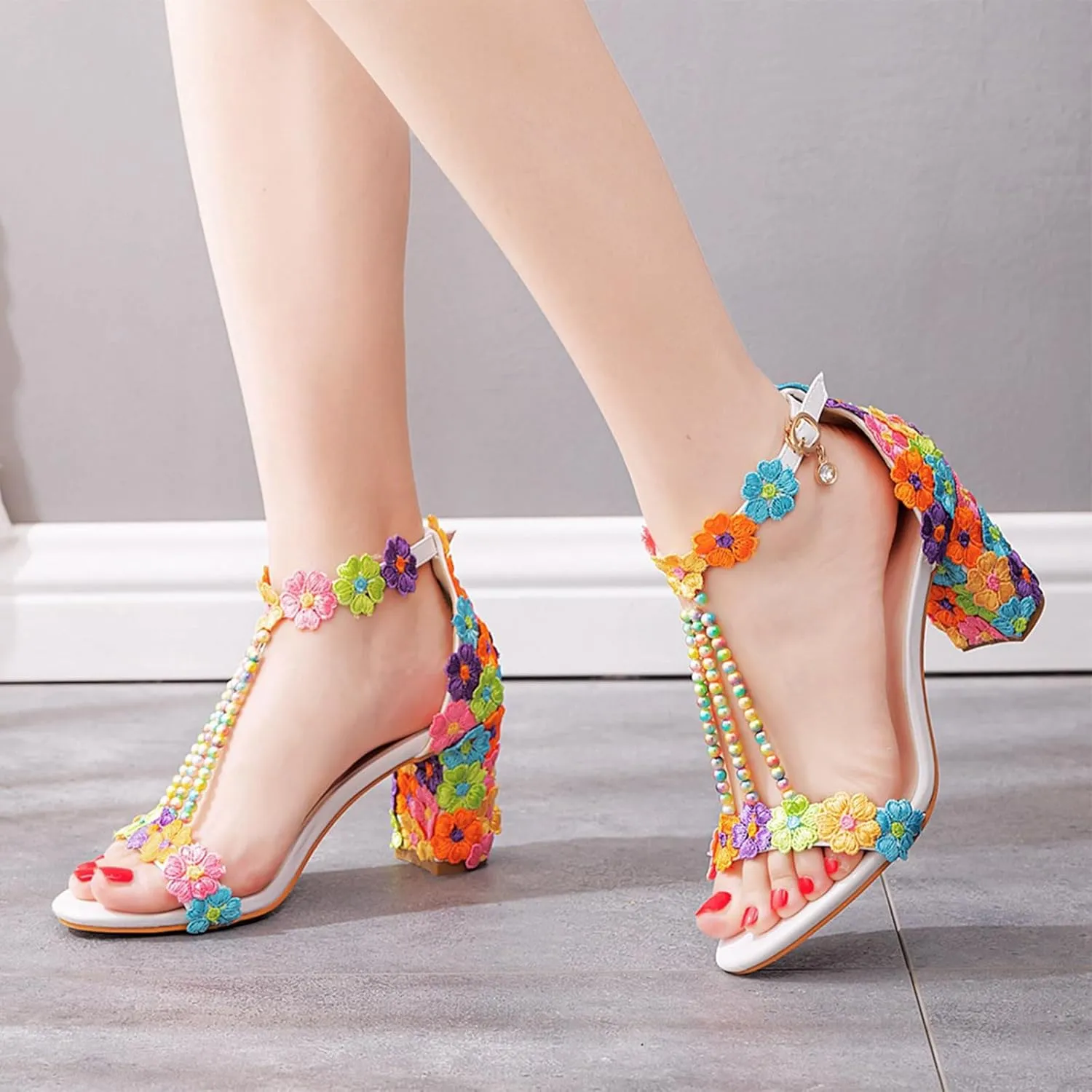 Woman Embroidered Flower Chunky High Heel Fish Mouth Sandals with Adjust Ankle Strap Color Beads Fashion Elegant Block Heel Open Toe Bride Pumps for Wedding Party Dress