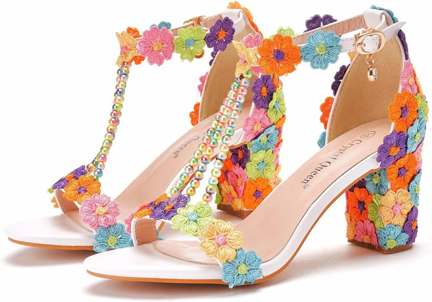 Woman Embroidered Flower Chunky High Heel Fish Mouth Sandals with Adjust Ankle Strap Color Beads Fashion Elegant Block Heel Open Toe Bride Pumps for Wedding Party Dress