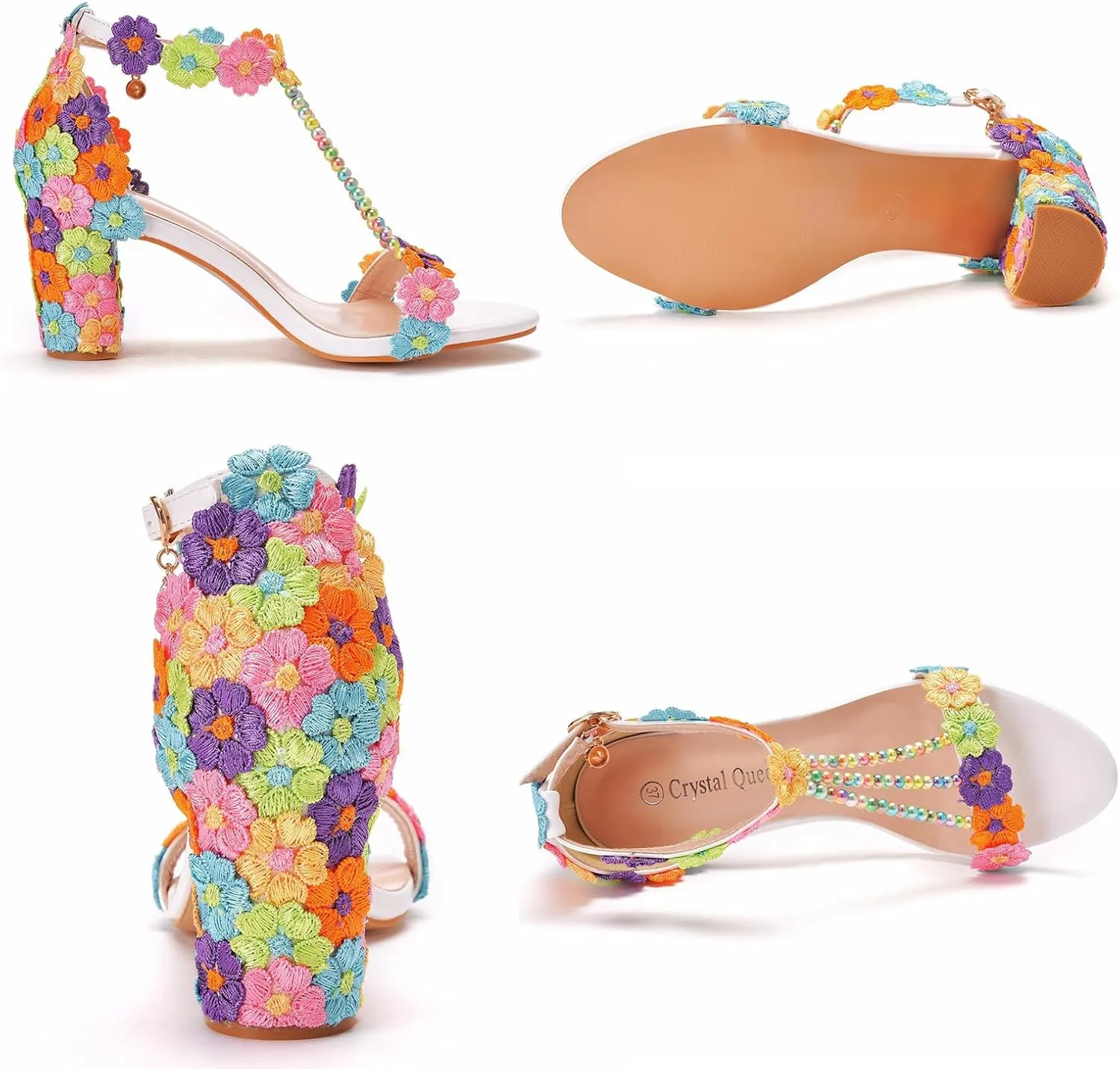 Woman Embroidered Flower Chunky High Heel Fish Mouth Sandals with Adjust Ankle Strap Color Beads Fashion Elegant Block Heel Open Toe Bride Pumps for Wedding Party Dress