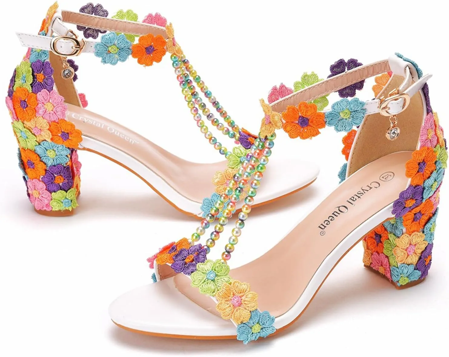 Woman Embroidered Flower Chunky High Heel Fish Mouth Sandals with Adjust Ankle Strap Color Beads Fashion Elegant Block Heel Open Toe Bride Pumps for Wedding Party Dress