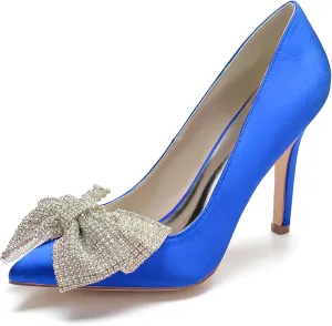 Women Bridal Slip on Wedding Shoes Open Toe Satin Pumps High Heel Rhinestone Bow Prom Shoes