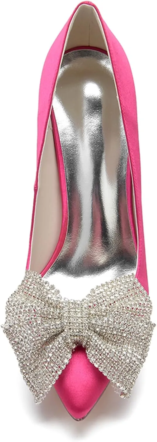 Women Bridal Slip on Wedding Shoes Open Toe Satin Pumps High Heel Rhinestone Bow Prom Shoes