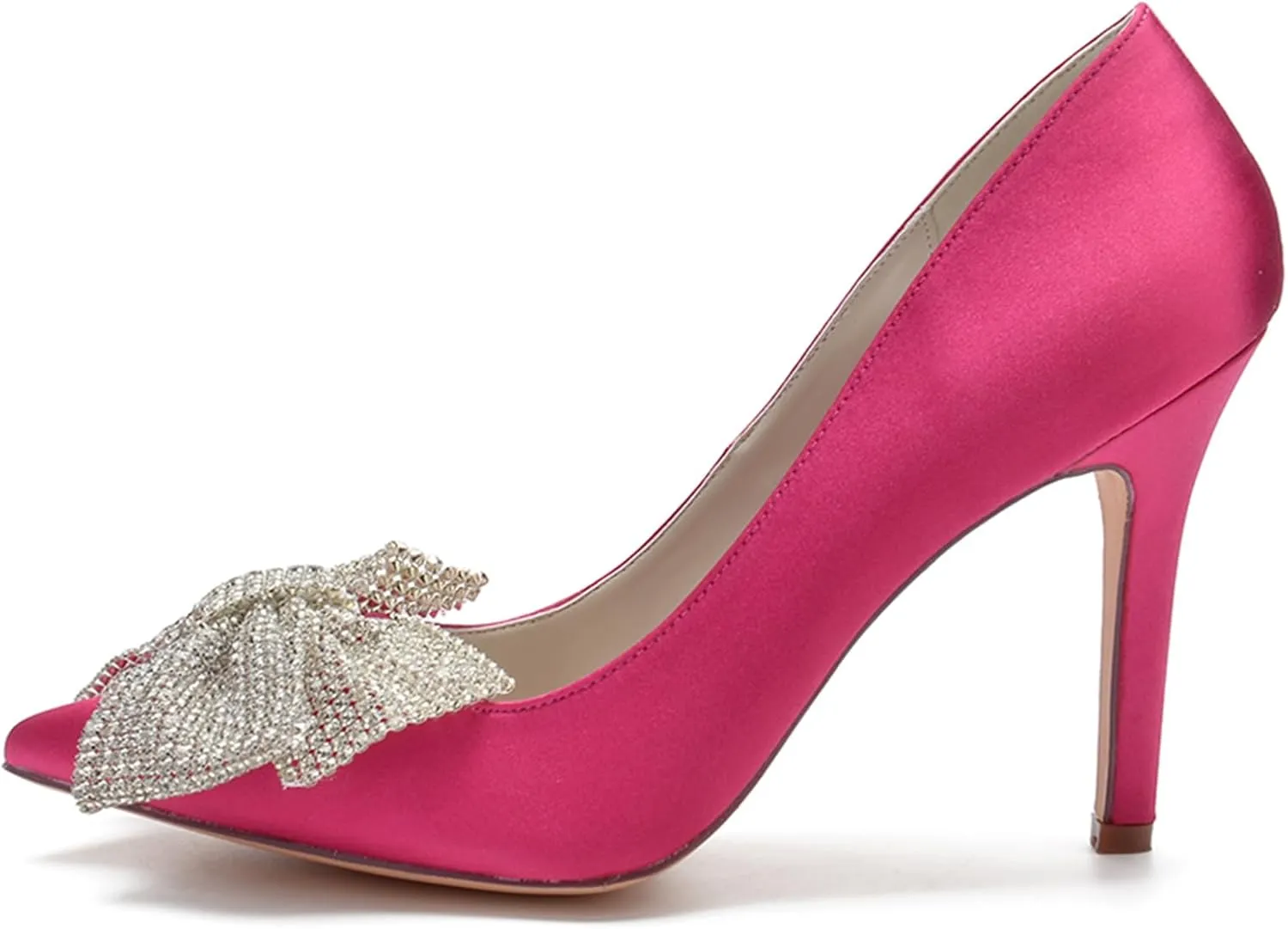 Women Bridal Slip on Wedding Shoes Open Toe Satin Pumps High Heel Rhinestone Bow Prom Shoes