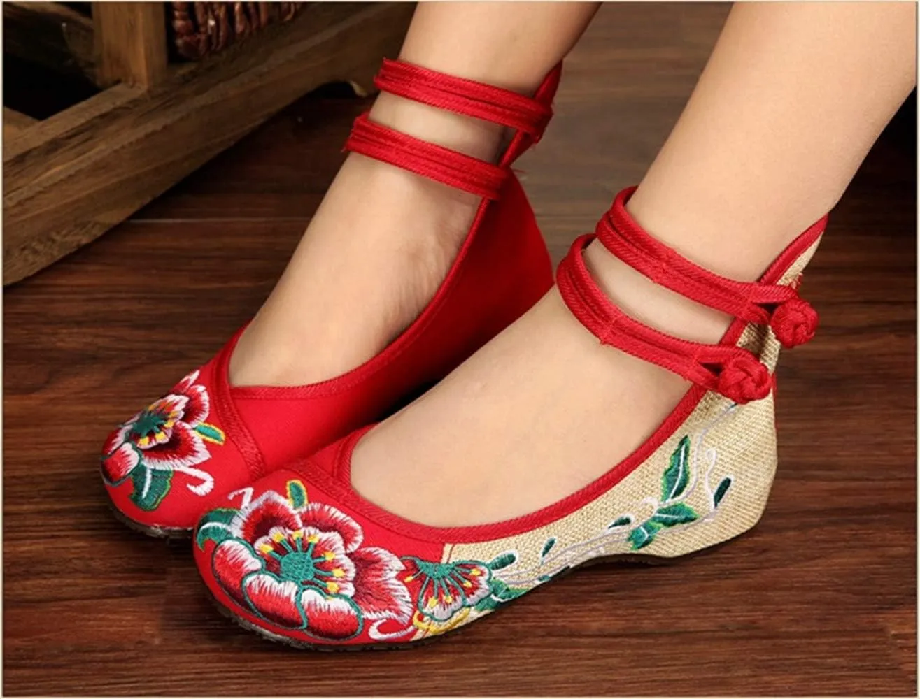 Women Chinese Embroidered Flower Flat Bridal Mary Jane Ballet Shoes