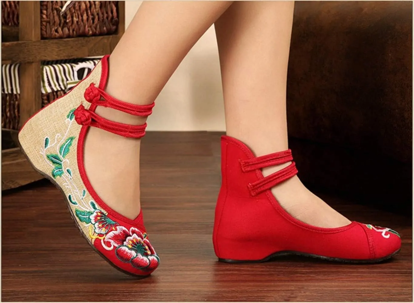 Women Chinese Embroidered Flower Flat Bridal Mary Jane Ballet Shoes
