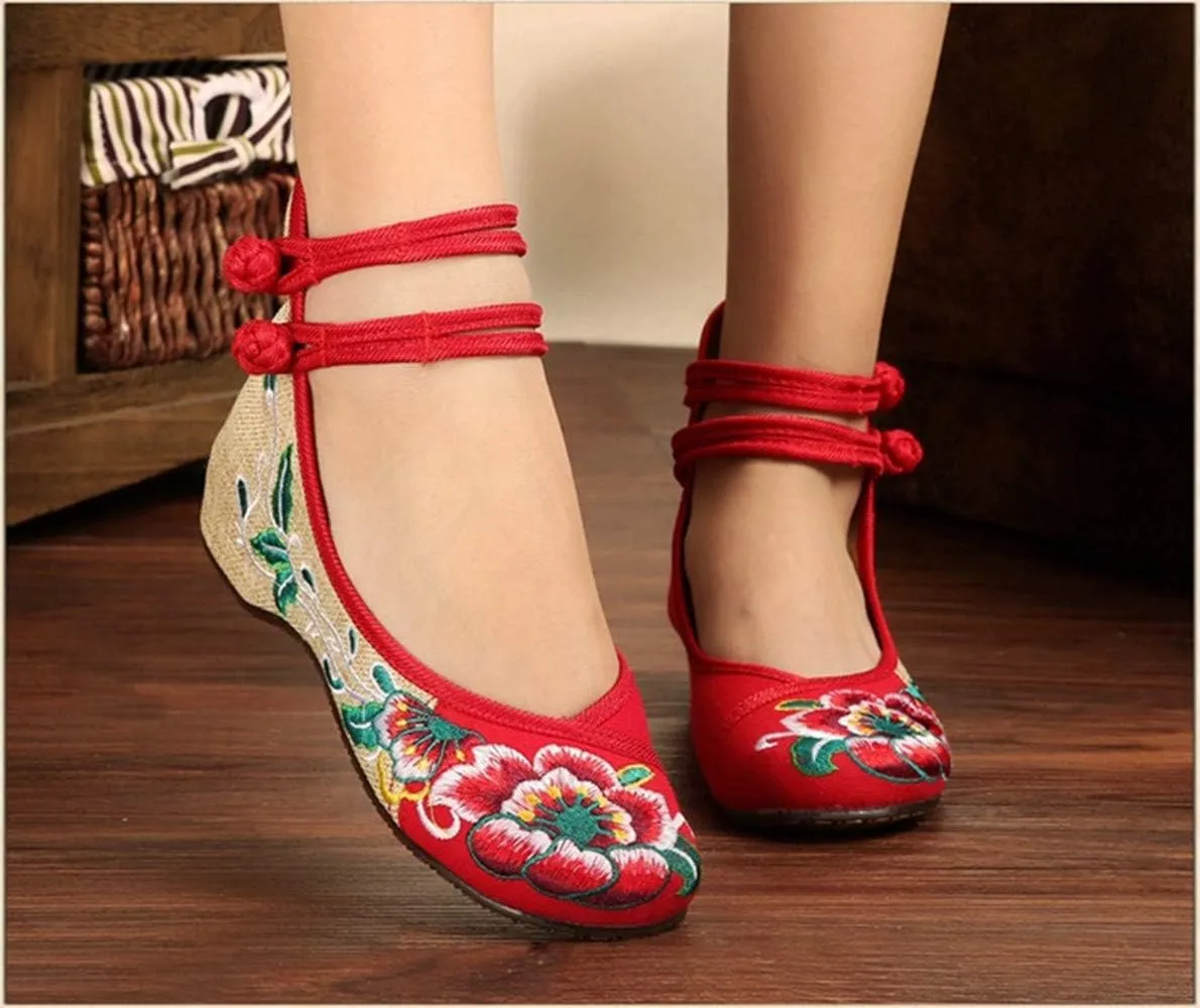 Women Chinese Embroidered Flower Flat Bridal Mary Jane Ballet Shoes