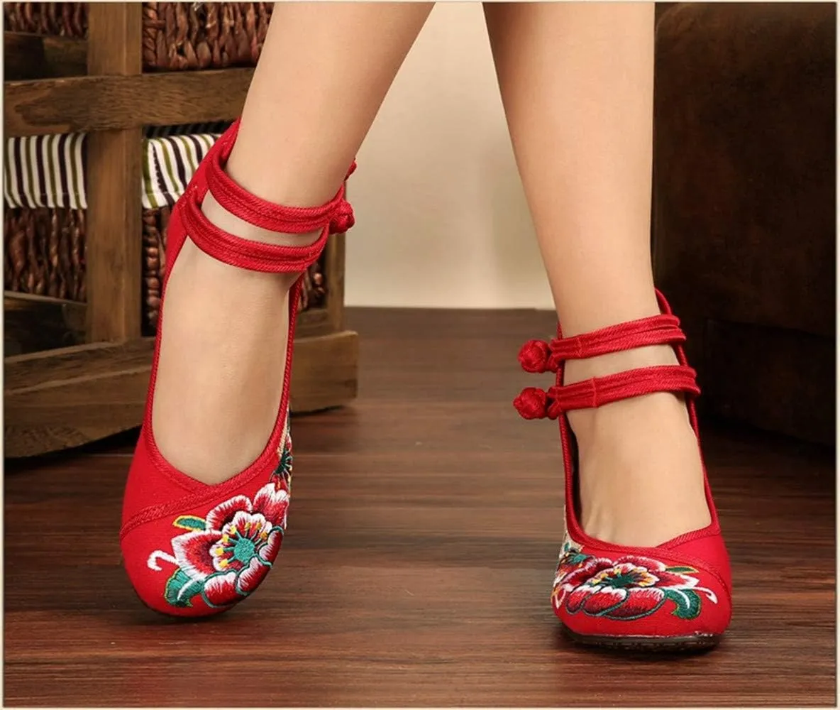 Women Chinese Embroidered Flower Flat Bridal Mary Jane Ballet Shoes