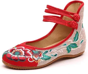 Women Chinese Embroidered Flower Flat Bridal Mary Jane Ballet Shoes