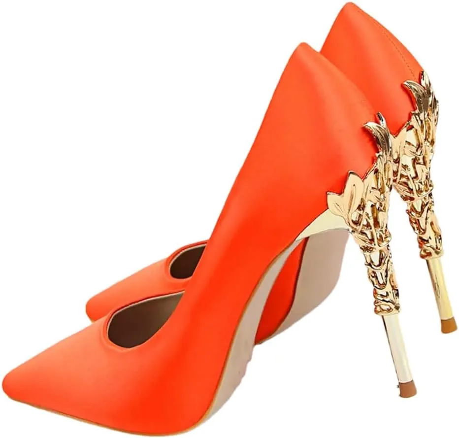Women Elegant Metal Carved Heel Pumps Solid Pointed Toe Fashion High Heels Wedding Dress Shoes Thin Heels Slip-On