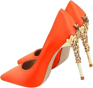 Women Elegant Metal Carved Heel Pumps Solid Pointed Toe Fashion High Heels Wedding Dress Shoes Thin Heels Slip-On