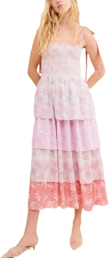 Women Floral Tie Shoulder Maxi Dresses Boho Smocked Ruffled Sleeveless Sundress Flowy Summer Patchwork Backless Dress