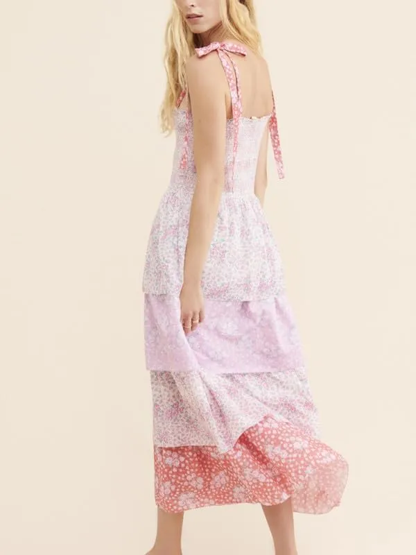 Women Floral Tie Shoulder Maxi Dresses Boho Smocked Ruffled Sleeveless Sundress Flowy Summer Patchwork Backless Dress