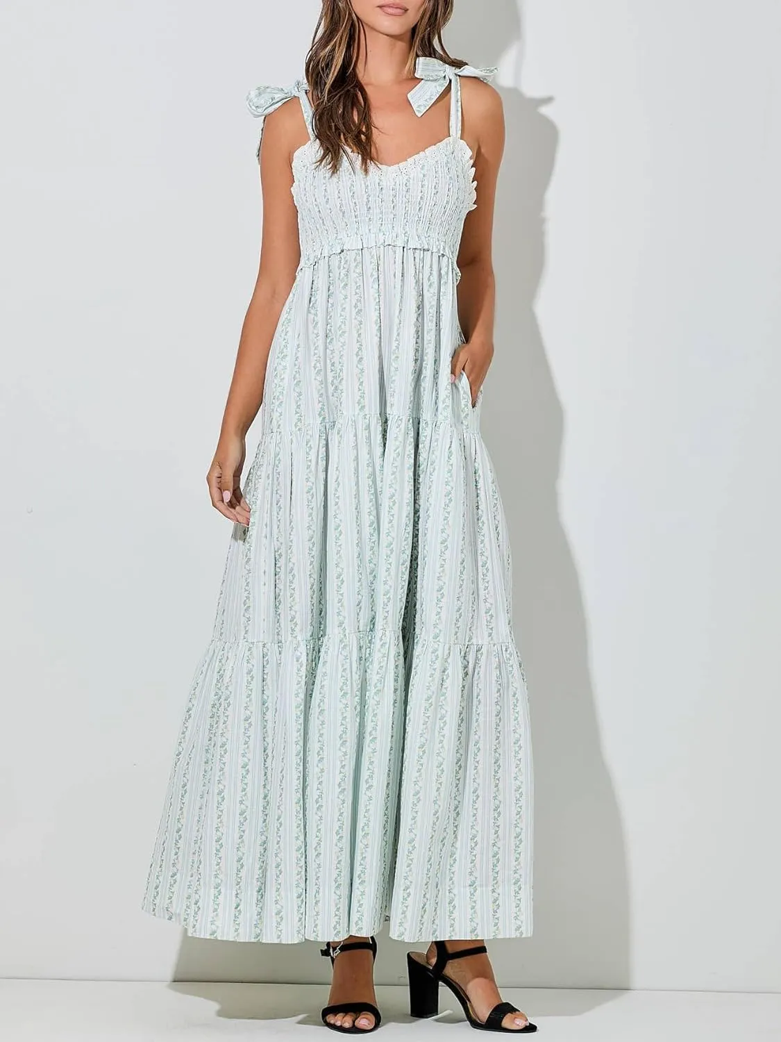 Women Floral Tie Shoulder Maxi Dresses Boho Smocked Ruffled Sleeveless Sundress Flowy Summer Patchwork Backless Dress