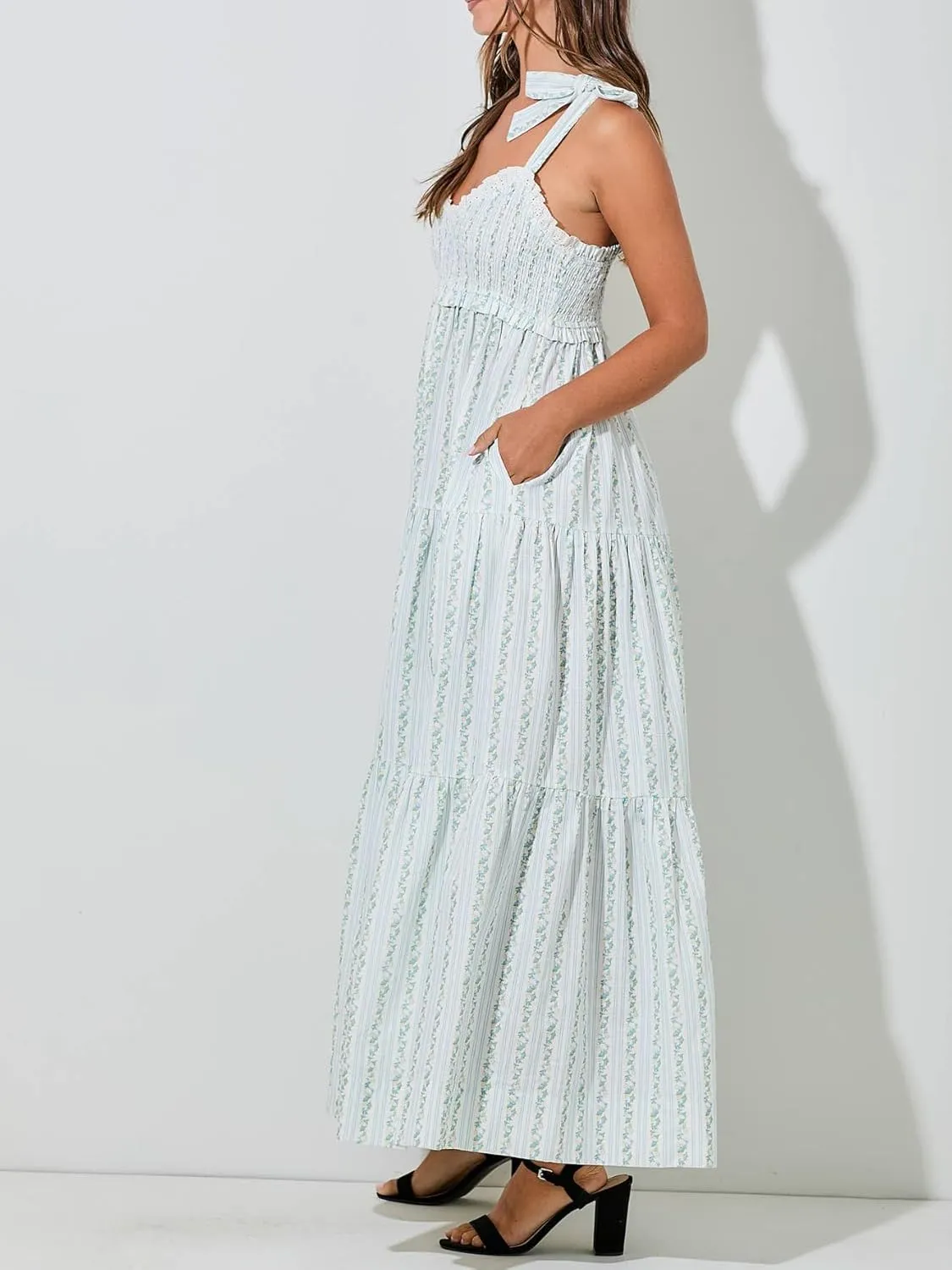 Women Floral Tie Shoulder Maxi Dresses Boho Smocked Ruffled Sleeveless Sundress Flowy Summer Patchwork Backless Dress