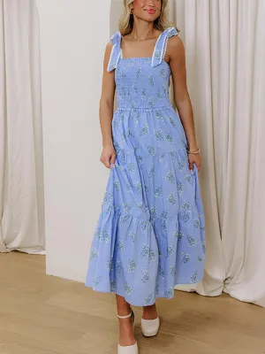 Women Floral Tie Shoulder Maxi Dresses Boho Smocked Ruffled Sleeveless Sundress Flowy Summer Patchwork Backless Dress