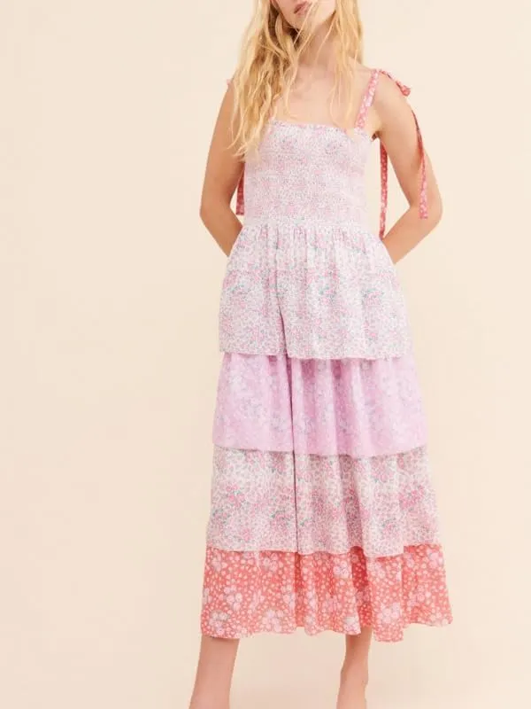 Women Floral Tie Shoulder Maxi Dresses Boho Smocked Ruffled Sleeveless Sundress Flowy Summer Patchwork Backless Dress