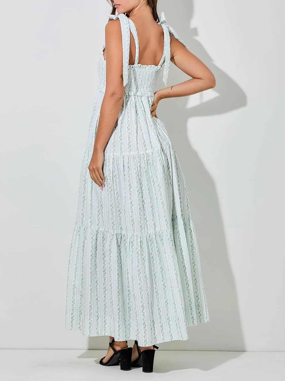 Women Floral Tie Shoulder Maxi Dresses Boho Smocked Ruffled Sleeveless Sundress Flowy Summer Patchwork Backless Dress