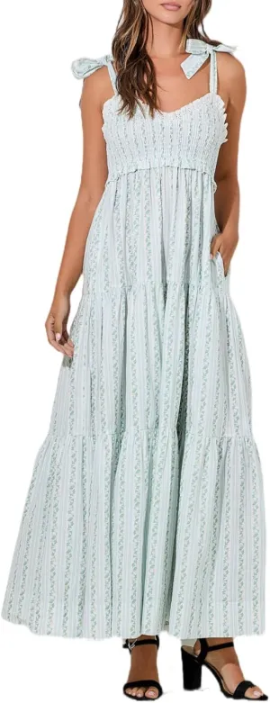 Women Floral Tie Shoulder Maxi Dresses Boho Smocked Ruffled Sleeveless Sundress Flowy Summer Patchwork Backless Dress