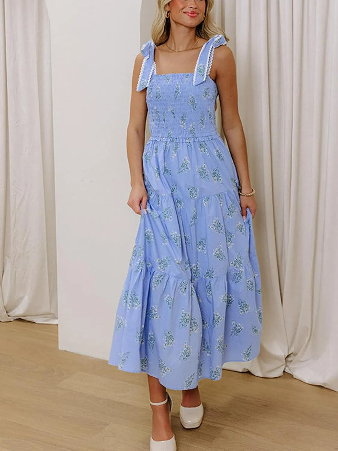 Women Floral Tie Shoulder Maxi Dresses Boho Smocked Ruffled Sleeveless Sundress Flowy Summer Patchwork Backless Dress