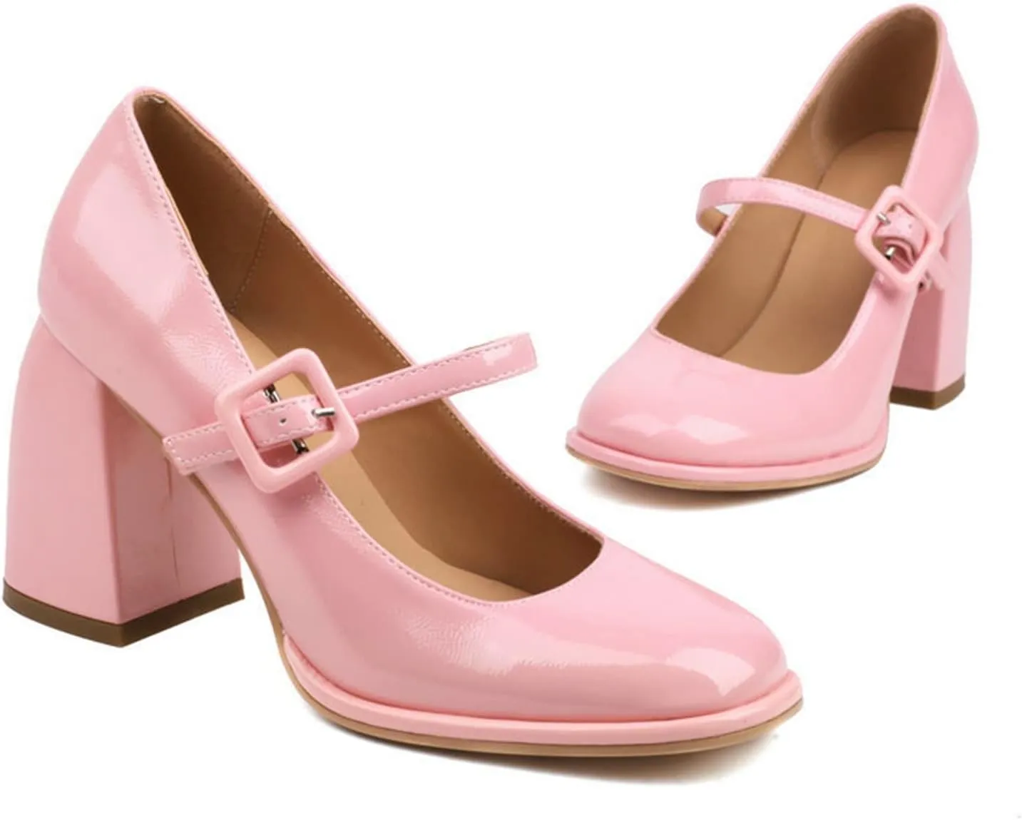 Women High Chunky Heel Mary Jane Pumps Square Toe Fashion Ladies Platform Patent Leather Dress Shoes