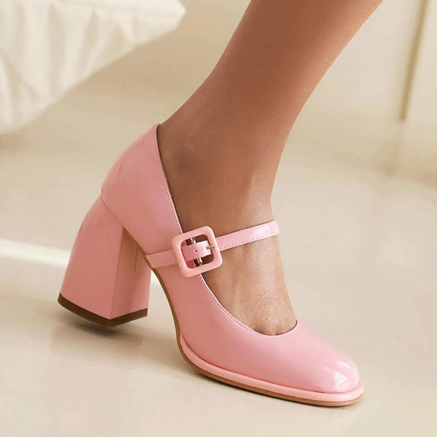 Women High Chunky Heel Mary Jane Pumps Square Toe Fashion Ladies Platform Patent Leather Dress Shoes
