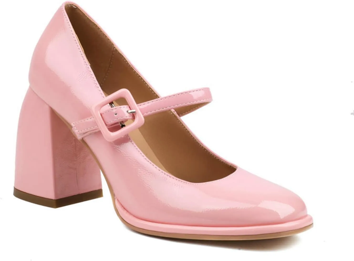 Women High Chunky Heel Mary Jane Pumps Square Toe Fashion Ladies Platform Patent Leather Dress Shoes