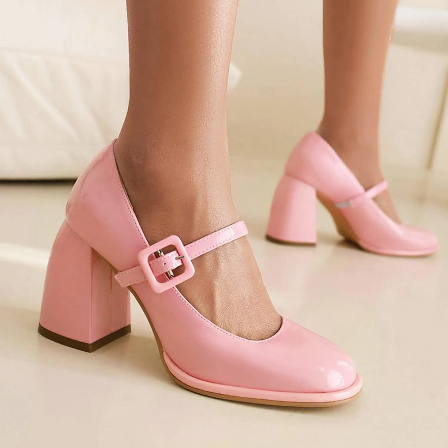 Women High Chunky Heel Mary Jane Pumps Square Toe Fashion Ladies Platform Patent Leather Dress Shoes