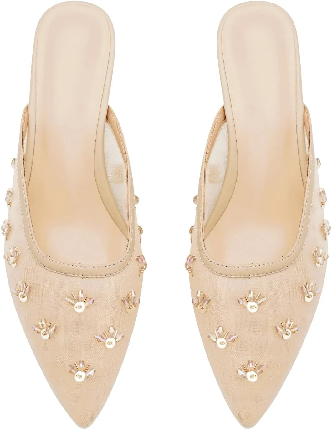 Women Kitten Heel Mules Crystal Flower Decor Mesh Pointed Toe Low Heel Pumps