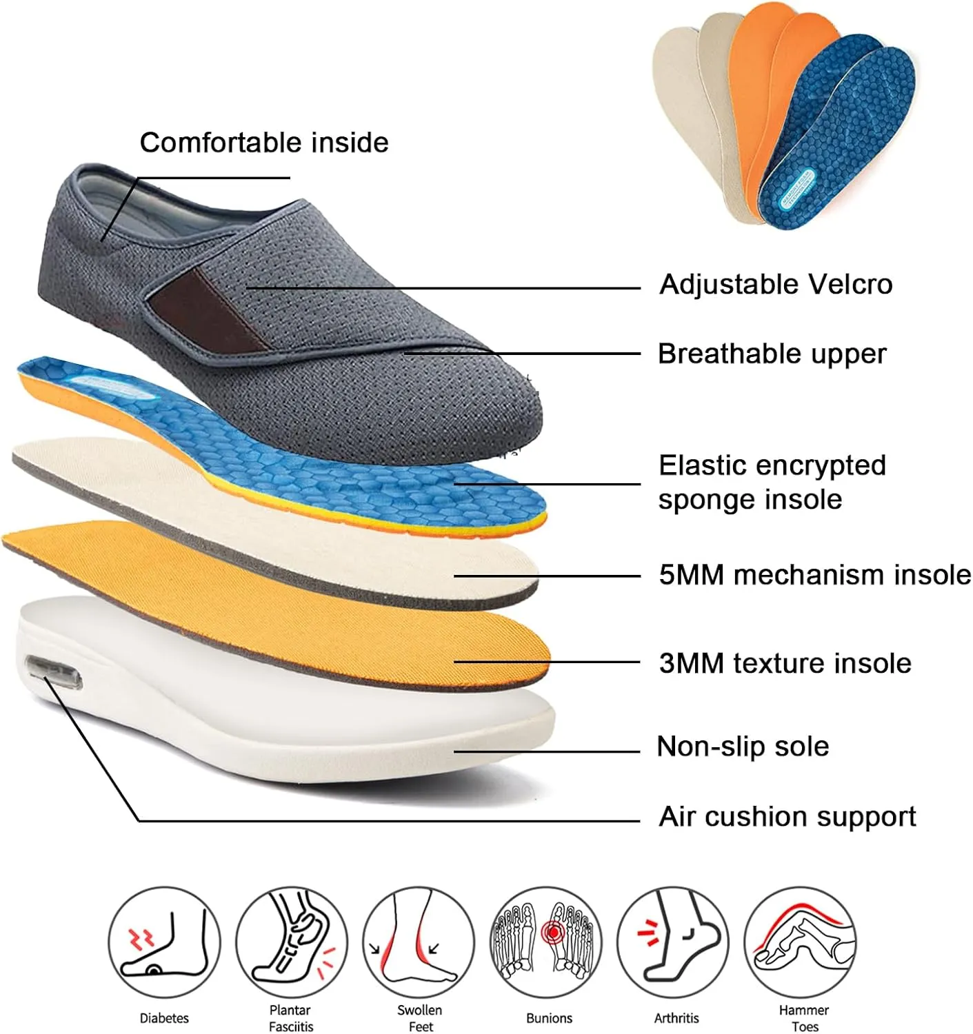 Women Men Diabetic Shoes,Elderly Adjustable Orthopedic Walking Shoes,Lightweight Breathable Bunions Plantar Fasciitis Relief Extended Shoes with Swollen Feet (Khaki 43EU)